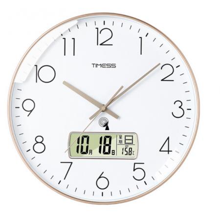 Timess 掛鐘 電波鐘客廳靜音萬年歷鐘表時尚簡約北歐雙日歷溫度時鐘自動對時智能鐘表掛墻表 華貴金30CM電波款