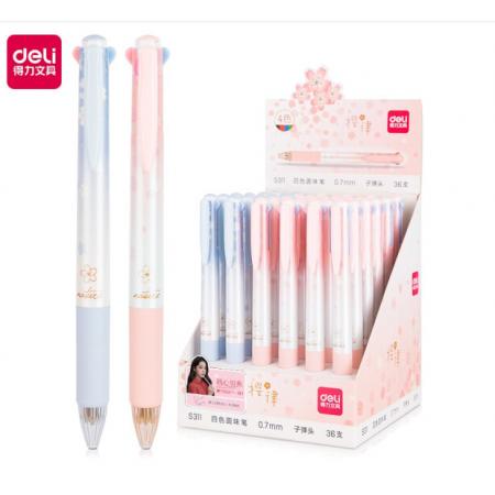 得力四色圓珠筆按動(dòng)多色筆多功能 彩色紅黑藍(lán)色0.7mm原子筆學(xué)生用多彩中油筆 s311櫻律款（6只裝）