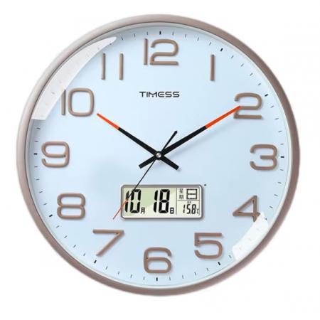 Timess 掛鐘客廳鐘表家用時(shí)鐘掛墻智能感光萬年歷溫度顯示現(xiàn)代簡約16英寸掛表石英鐘 P74B-1卡塔爾金【智能光感科技】 直徑40厘米