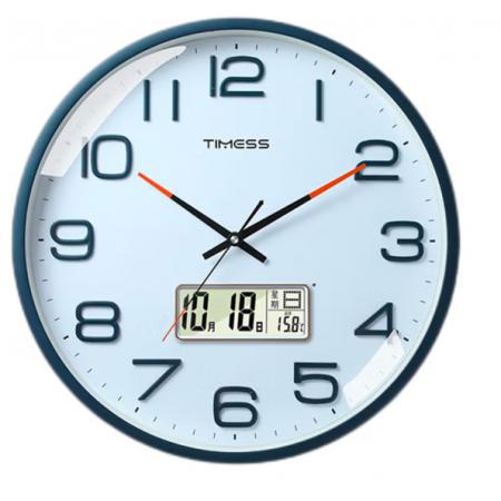 Timess 掛鐘客廳鐘表家用時鐘掛墻智能感光萬年歷溫度顯示現(xiàn)代簡約16英寸掛表石英鐘 P74B-3克蘭櫻藍(lán)【智能光感科技】 直徑40厘米