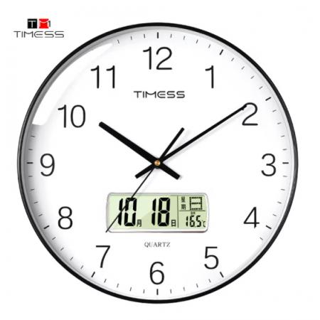 Timess 掛鐘 客廳萬年歷鐘表北歐簡約石英鐘表掛墻臥室時鐘薄邊家用日歷掛表 P66-1 鋼琴黑35厘米