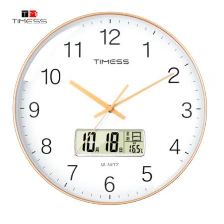Timess 掛鐘 客廳萬年歷鐘表北歐簡約石英鐘表掛墻臥室時鐘薄邊家用日歷掛表 P65-2 香檳金30厘米