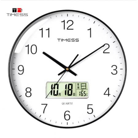 Timess 掛鐘 客廳萬年歷鐘表北歐簡約石英鐘表掛墻臥室時鐘薄邊家用日歷掛表 P65-1 鋼琴黑30厘米
