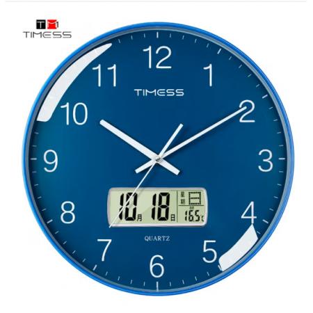 Timess 掛鐘 客廳萬年歷鐘表北歐簡約石英鐘表掛墻臥室時鐘薄邊家用日歷掛表 P65-3 蔚藍(lán)色30厘米
