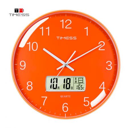 Timess 掛鐘 客廳萬年歷鐘表北歐簡約石英鐘表掛墻臥室時鐘薄邊家用日歷掛表 P65-5 華麗橙30厘米