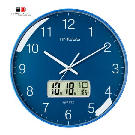 Timess 掛鐘 客廳萬年歷鐘表北歐簡約石英鐘表掛墻臥室時鐘薄邊家用日歷掛表 P11-3 蔚藍色25厘米