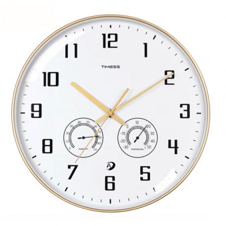 Timess 掛鐘客廳時鐘表溫濕度計掛表現(xiàn)代簡約輕奢自動對時全時區(qū)智能表免打孔掛墻 Q19-2 香檳金 直徑35厘米