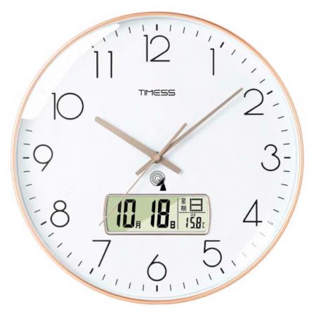 Timess 掛鐘 電波鐘客廳萬年歷鐘表時(shí)尚簡約北歐雙日歷溫度時(shí)鐘自動對時(shí)智能鐘表掛墻表 華貴金35CM電波款