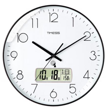 Timess 掛鐘 電波鐘客廳萬年歷鐘表時(shí)尚簡約北歐雙日歷溫度時(shí)鐘自動(dòng)對(duì)時(shí)智能鐘表掛墻表 鋼琴黑35CM電波款