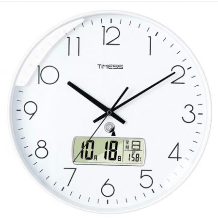 Timess 掛鐘 電波鐘客廳萬(wàn)年歷鐘表時(shí)尚簡(jiǎn)約北歐雙日歷溫度時(shí)鐘自動(dòng)對(duì)時(shí)智能鐘表掛墻表 純潔白35CM電波款