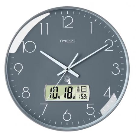 Timess 掛鐘 電波鐘客廳萬(wàn)年歷鐘表時(shí)尚簡(jiǎn)約北歐雙日歷溫度時(shí)鐘自動(dòng)對(duì)時(shí)智能鐘表掛墻表 深空灰35CM電波款