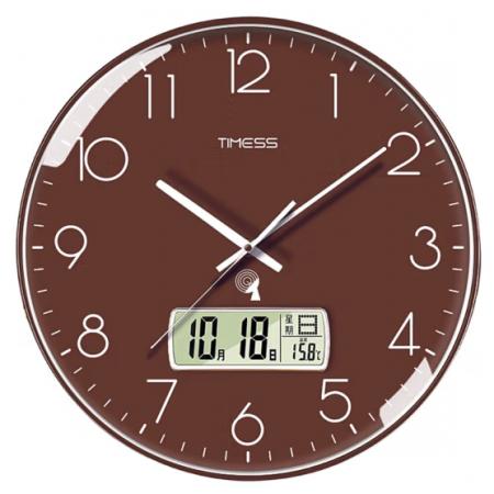 Timess 掛鐘 電波鐘客廳萬年歷鐘表時(shí)尚簡(jiǎn)約北歐雙日歷溫度時(shí)鐘自動(dòng)對(duì)時(shí)智能鐘表掛墻表 輕奢咖35CM電波款