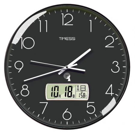 Timess 掛鐘 電波鐘客廳萬年歷鐘表時(shí)尚簡約北歐雙日歷溫度時(shí)鐘自動(dòng)對(duì)時(shí)智能鐘表掛墻表 經(jīng)典黑35CM電波款
