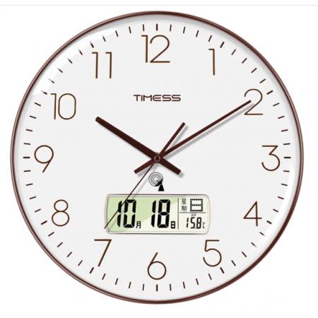 Timess 掛鐘 電波鐘客廳萬年歷鐘表時尚簡約北歐雙日歷溫度時鐘自動對時智能鐘表掛墻表 咖啡色35CM電波款