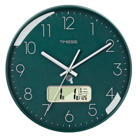Timess 掛鐘 電波鐘客廳萬年歷鐘表時尚簡約北歐雙日歷溫度時鐘自動對時智能鐘表掛墻表 抹茶綠35CM電波款