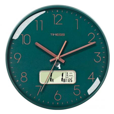 Timess 掛鐘 電波鐘客廳萬年歷鐘表時尚簡約北歐雙日歷溫度時鐘自動對時智能鐘表掛墻表 輕奢綠35CM電波款