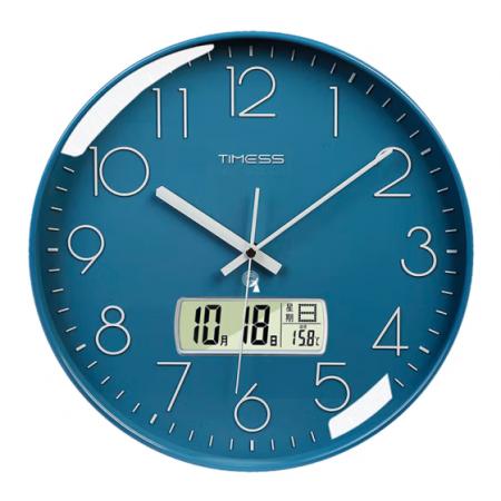 Timess 掛鐘 電波鐘客廳萬年歷鐘表時尚簡約北歐雙日歷溫度時鐘自動對時智能鐘表掛墻表 深空藍(lán)35CM電波款