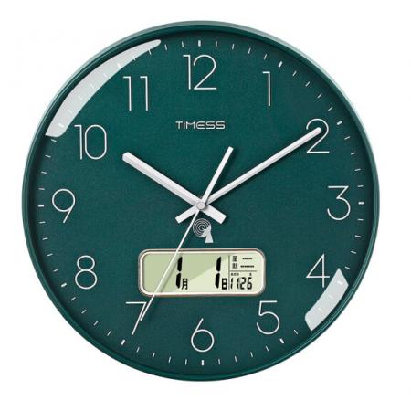 Timess 掛鐘 電波鐘客廳萬年歷鐘表時尚簡約北歐雙日歷溫度時鐘自動對時智能鐘表掛墻表 抹茶綠30CM電波款