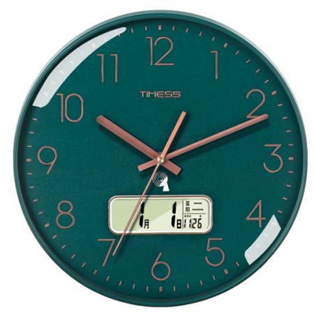 Timess 掛鐘 電波鐘客廳萬年歷鐘表時(shí)尚簡(jiǎn)約北歐雙日歷溫度時(shí)鐘自動(dòng)對(duì)時(shí)智能鐘表掛墻表 輕奢綠35CM電波款