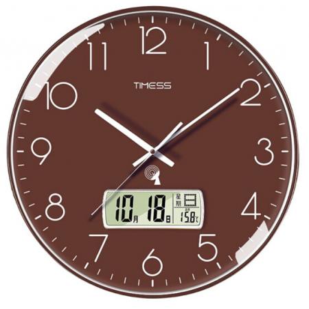 Timess 掛鐘 電波鐘客廳萬年歷鐘表時尚簡約北歐雙日歷溫度時鐘自動對時智能鐘表掛墻表 輕奢咖30CM電波款