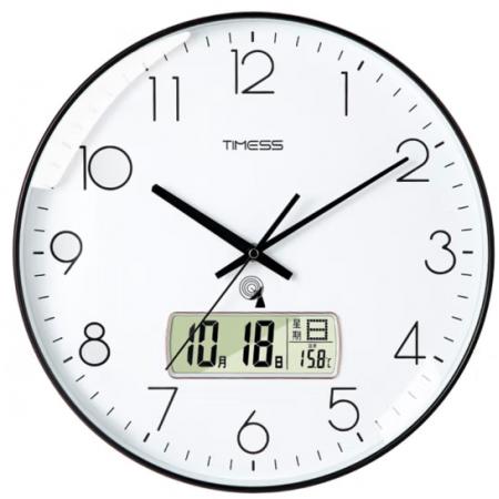 Timess 掛鐘 電波鐘客廳萬年歷鐘表時尚簡約北歐雙日歷溫度時鐘自動對時智能鐘表掛墻表 鋼琴黑30CM電波款