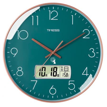 Timess 掛鐘 電波鐘客廳萬年歷鐘表時尚簡約北歐雙日歷溫度時鐘自動對時智能鐘表掛墻表 孔雀綠30CM電波款