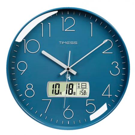 Timess 掛鐘 電波鐘客廳萬(wàn)年歷鐘表時(shí)尚簡(jiǎn)約北歐雙日歷溫度時(shí)鐘自動(dòng)對(duì)時(shí)智能鐘表掛墻表 深空藍(lán)30CM電波款