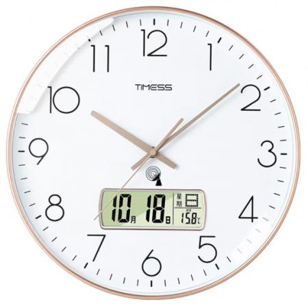 Timess 掛鐘 電波鐘客廳萬年歷鐘表時尚簡約北歐雙日歷溫度時鐘自動對時智能鐘表掛墻表 華貴金30CM電波款