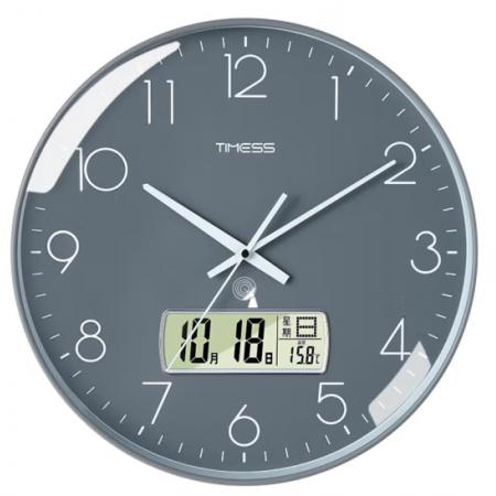 Timess 掛鐘 電波鐘客廳萬年歷鐘表時尚簡約北歐雙日歷溫度時鐘自動對時智能鐘表掛墻表 深空灰30CM電波款