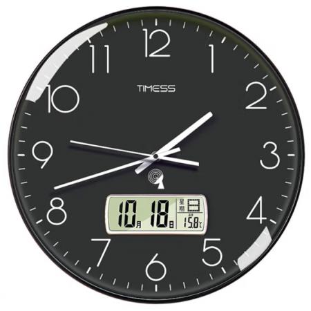 Timess 掛鐘 電波鐘客廳萬年歷鐘表時尚簡約北歐雙日歷溫度時鐘自動對時智能鐘表掛墻表 經(jīng)典黑30CM電波款