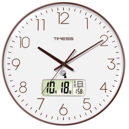 Timess 掛鐘 電波鐘客廳萬年歷鐘表時(shí)尚簡(jiǎn)約北歐雙日歷溫度時(shí)鐘自動(dòng)對(duì)時(shí)智能鐘表掛墻表 咖啡色30CM電波款