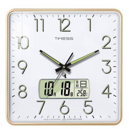Timess電波掛鐘客廳鐘表萬(wàn)年歷時(shí)鐘雙日歷石英鐘溫度掛表方形薄邊自動(dòng)對(duì)時(shí)表掛墻 P63-2金邊白(夜光電波鐘直徑38厘米)