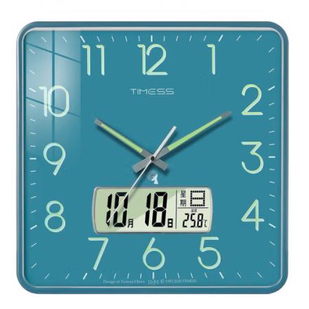 Timess電波掛鐘客廳鐘表萬年歷時鐘雙日歷石英鐘溫度掛表方形薄邊自動對時表掛墻 P63-4藍邊藍(夜光電波鐘直徑38厘米)
