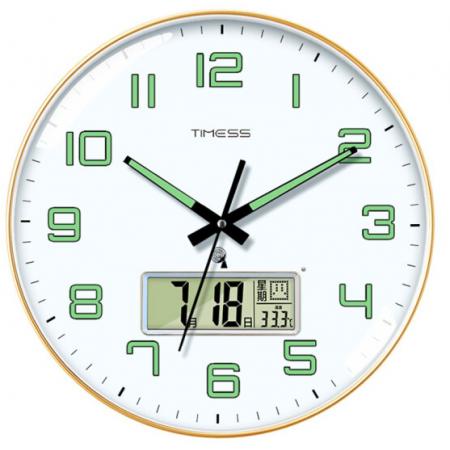 Timess 掛鐘夜光電波鐘客廳掛鐘表臥室智能感光萬年歷時鐘雙日歷溫度掛表自動對時表掛墻 P47-3奢時金(智能夜光電波鐘) 14英寸(直徑35厘米)