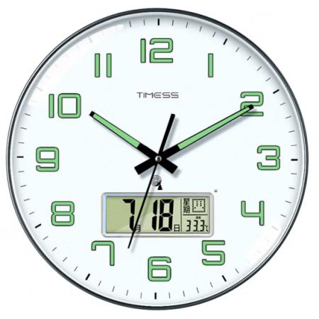 Timess 掛鐘夜光電波鐘客廳掛鐘表臥室智能感光萬年歷時鐘雙日歷溫度掛表自動對時表掛墻 P47-1鋼琴黑(智能夜光電波鐘) 14英寸(直徑35厘米)