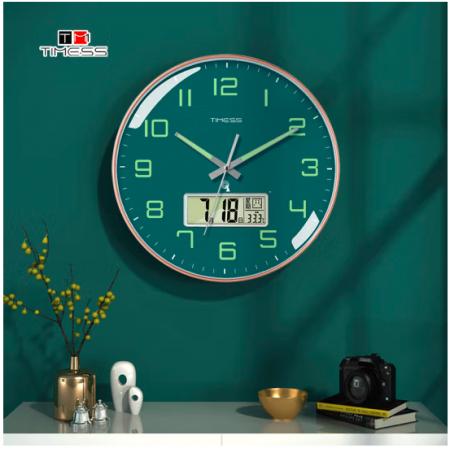 Timess 掛鐘夜光電波鐘客廳掛鐘表臥室智能感光萬年歷時鐘雙日歷溫度掛表自動對時表掛墻 P47-2奢華綠(智能夜光電波鐘) 14英寸(直徑35厘米)