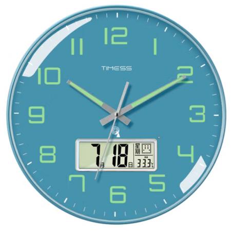 Timess 掛鐘夜光電波鐘客廳掛鐘表臥室智能感光萬(wàn)年歷時(shí)鐘雙日歷溫度掛表自動(dòng)對(duì)時(shí)表掛墻 P47-4輕奢藍(lán)(智能夜光電波鐘) 14英寸(直徑35厘米)