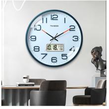 Timess 掛鐘客廳鐘表家用時鐘掛墻智能感光萬年歷溫度顯示現(xiàn)代簡約16英寸掛表石英鐘 P74B-3克蘭櫻藍(lán)【智能光感科技】 直徑40厘米