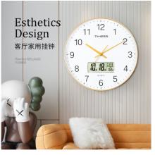 Timess 掛鐘 客廳萬(wàn)年歷鐘表北歐簡(jiǎn)約石英鐘表掛墻臥室時(shí)鐘薄邊家用日歷掛表 P66-2 香檳金35厘米