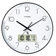 Timess 掛鐘 電波鐘客廳萬年歷鐘表時尚簡約北歐雙日歷溫度時鐘自動對時智能鐘表掛墻表 鋼琴黑35CM電波款