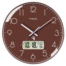 Timess 掛鐘 電波鐘客廳萬年歷鐘表時尚簡約北歐雙日歷溫度時鐘自動對時智能鐘表掛墻表 輕奢咖35CM電波款