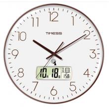 Timess 掛鐘 電波鐘客廳萬年歷鐘表時尚簡約北歐雙日歷溫度時鐘自動對時智能鐘表掛墻表 咖啡色35CM電波款
