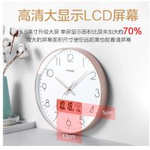 Timess 掛鐘 電波鐘客廳萬年歷鐘表時尚簡約北歐雙日歷溫度時鐘自動對時智能鐘表掛墻表 咖啡色35CM電波款