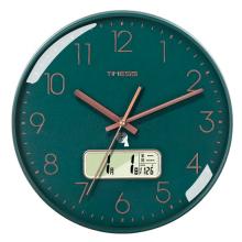 Timess 掛鐘 電波鐘客廳萬年歷鐘表時尚簡約北歐雙日歷溫度時鐘自動對時智能鐘表掛墻表 輕奢綠35CM電波款