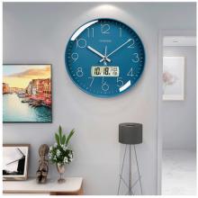 Timess 掛鐘 電波鐘客廳萬年歷鐘表時尚簡約北歐雙日歷溫度時鐘自動對時智能鐘表掛墻表 深空藍(lán)35CM電波款