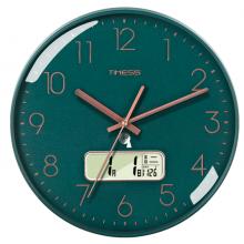 Timess 掛鐘 電波鐘客廳萬年歷鐘表時尚簡約北歐雙日歷溫度時鐘自動對時智能鐘表掛墻表 輕奢綠35CM電波款