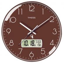 Timess 掛鐘 電波鐘客廳萬年歷鐘表時尚簡約北歐雙日歷溫度時鐘自動對時智能鐘表掛墻表 輕奢咖30CM電波款