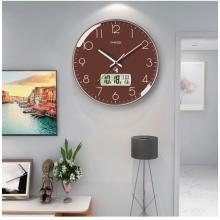 Timess 掛鐘 電波鐘客廳萬年歷鐘表時尚簡約北歐雙日歷溫度時鐘自動對時智能鐘表掛墻表 輕奢咖30CM電波款