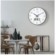 Timess 掛鐘 電波鐘客廳萬年歷鐘表時尚簡約北歐雙日歷溫度時鐘自動對時智能鐘表掛墻表 鋼琴黑30CM電波款