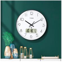 Timess 掛鐘 電波鐘客廳萬年歷鐘表時尚簡約北歐雙日歷溫度時鐘自動對時智能鐘表掛墻表 鋼琴黑30CM電波款